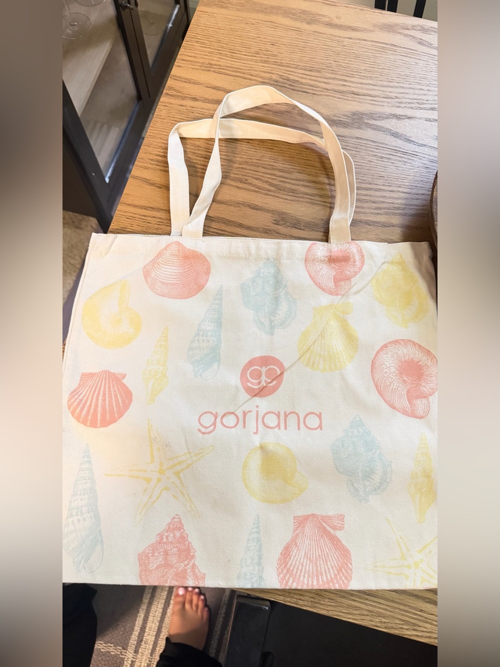 Gorjana Cream Tote with Pastel Shell Print in Pink, Yellow, Blue